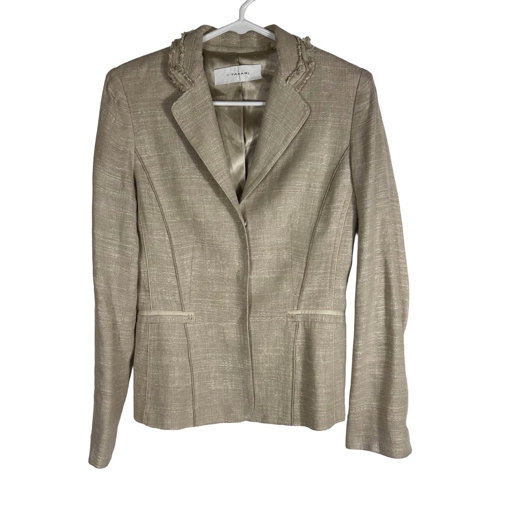 T Tahari Tan‎ Linen Blend Frayed Collar Snap Front Blazer Size 2 Professional